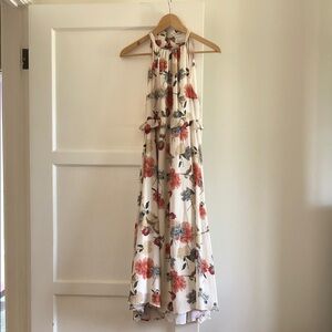 Cream Floral Halter Maxi Dress with Coral & Blue Blooms
